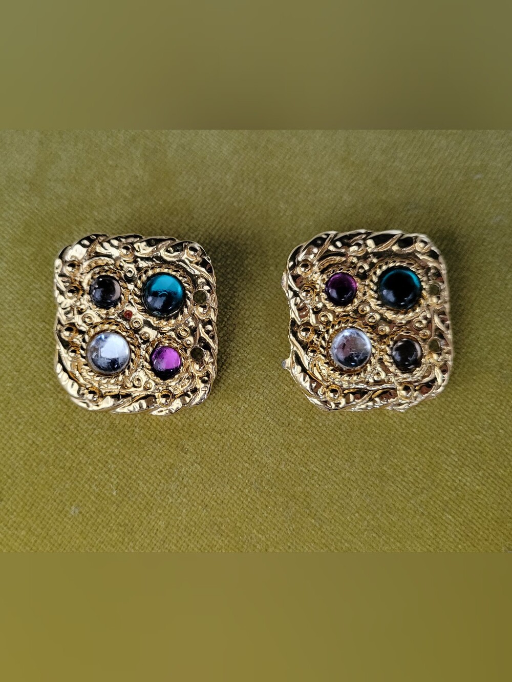 Vtg Gold-Tone Square Clip-On Statement 80s Earnings Green, Purple, Blue Accents